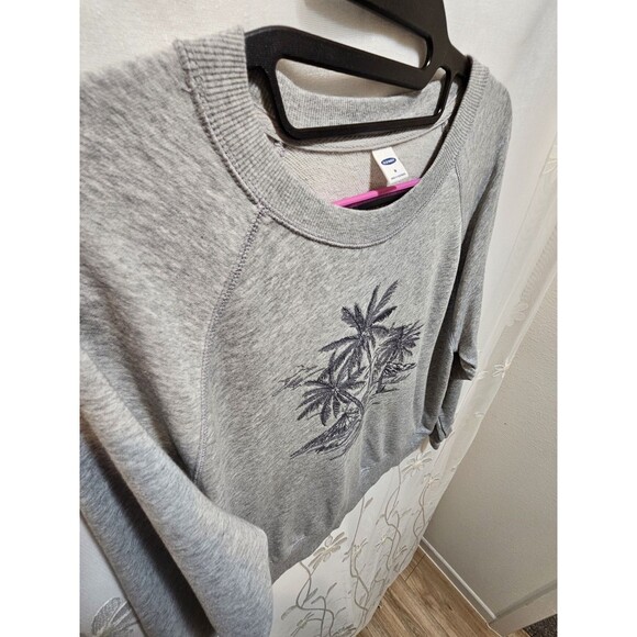Old Navy Womens Medium Gray Sweater Cropped Palm Trees Coastal Paradise Tropical - Picture 2 of 16